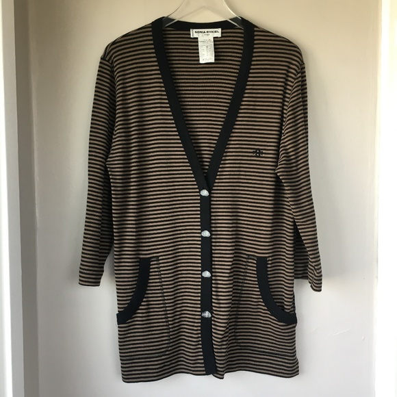 Sonia Rykiel Sweaters - SONIA RYKIEL Black and Tan Striped Cardigan Sz S
